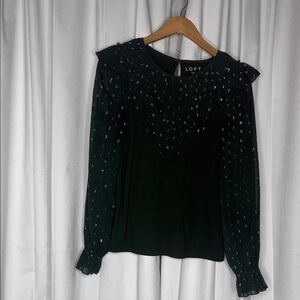 LOFT Forest Green Blouse with Ruffle Accents